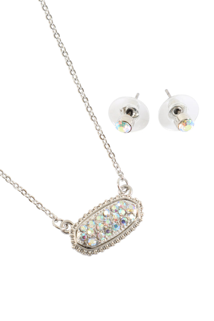 RHINESTONE DRUZY OVAL NECKLACE STUD EARRINGS SET