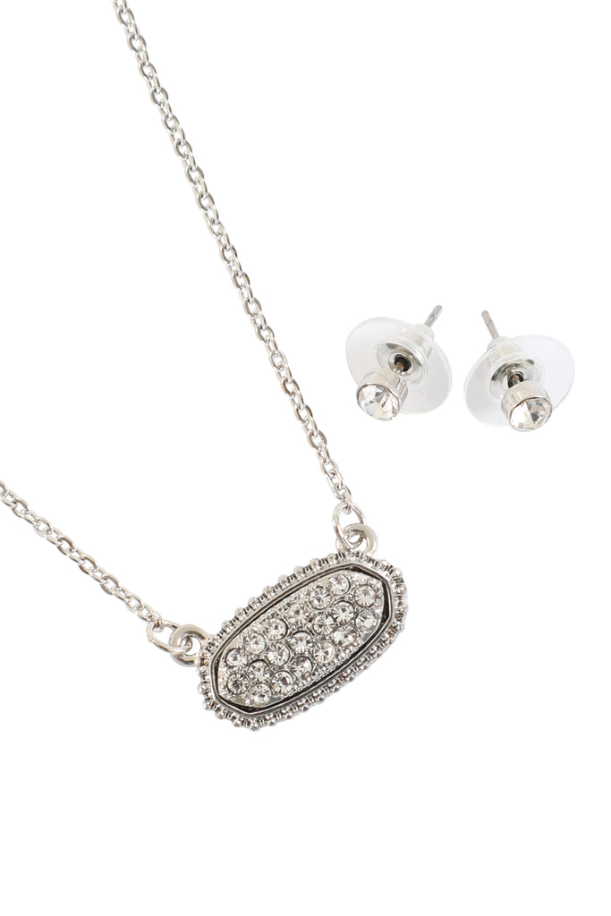 RHINESTONE DRUZY OVAL NECKLACE STUD EARRINGS SET