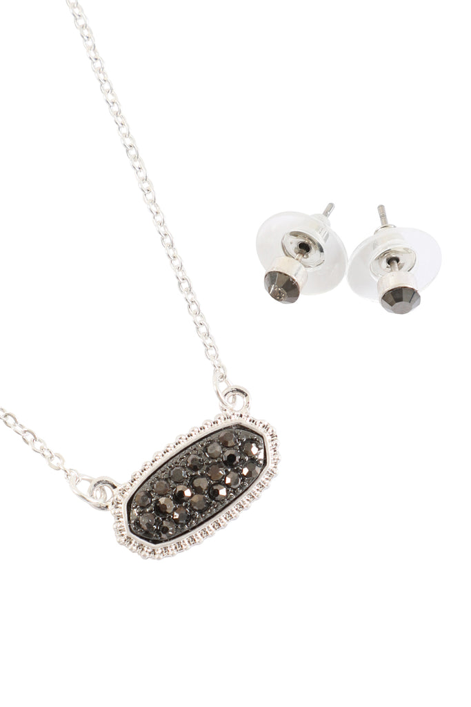 RHINESTONE DRUZY OVAL NECKLACE STUD EARRINGS SET