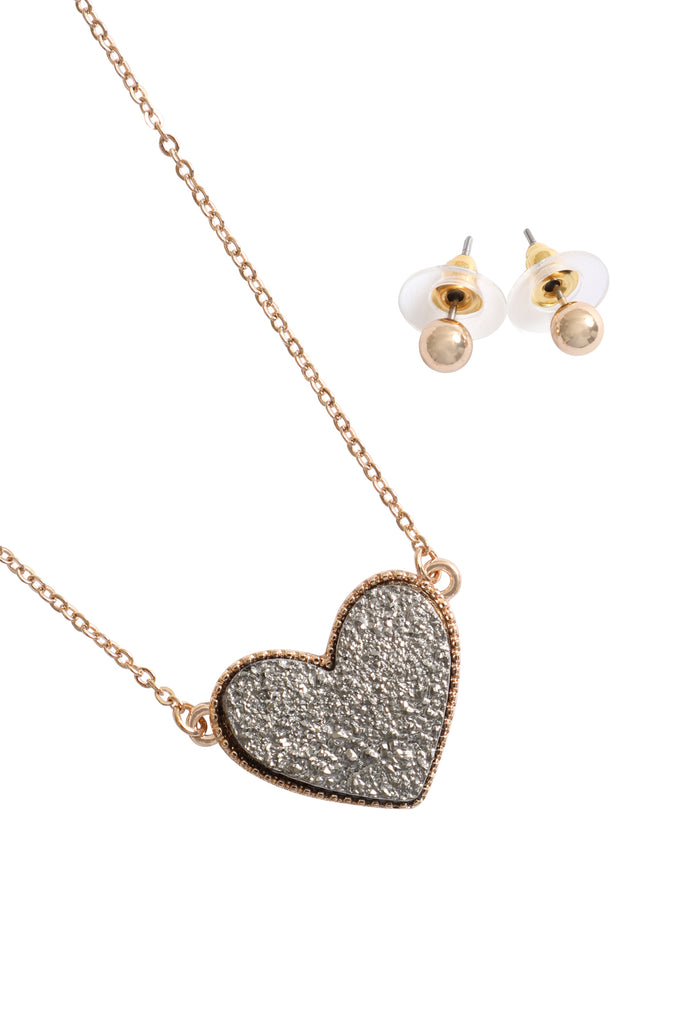 VALENTINE HEART DRUZY PENDANT NECKLACE AND EARRING SET