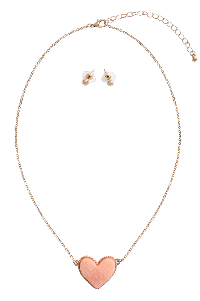 VALENTINE HEART DRUZY PENDANT NECKLACE AND EARRING SET