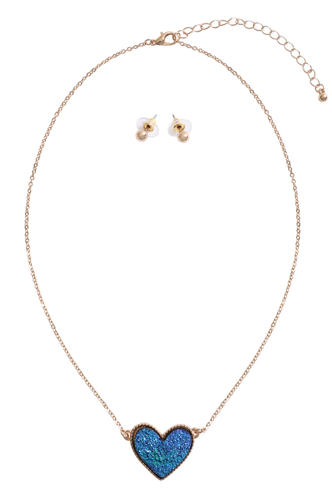 VALENTINE HEART DRUZY PENDANT NECKLACE AND EARRING SET