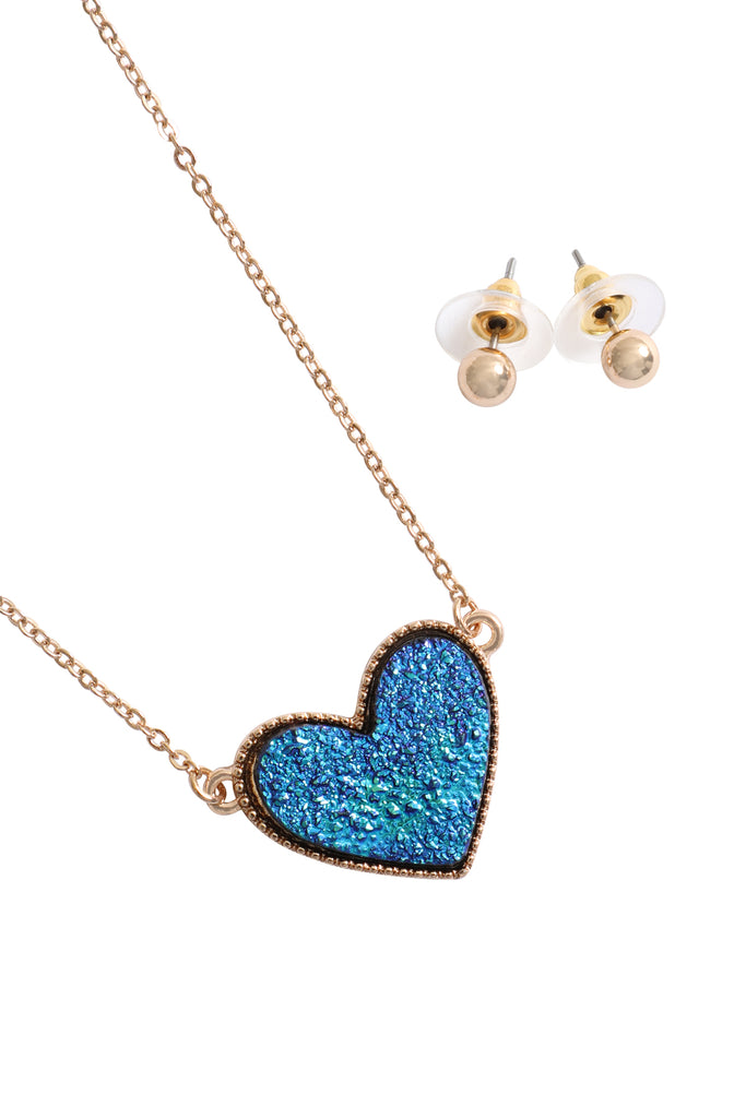 VALENTINE HEART DRUZY PENDANT NECKLACE AND EARRING SET