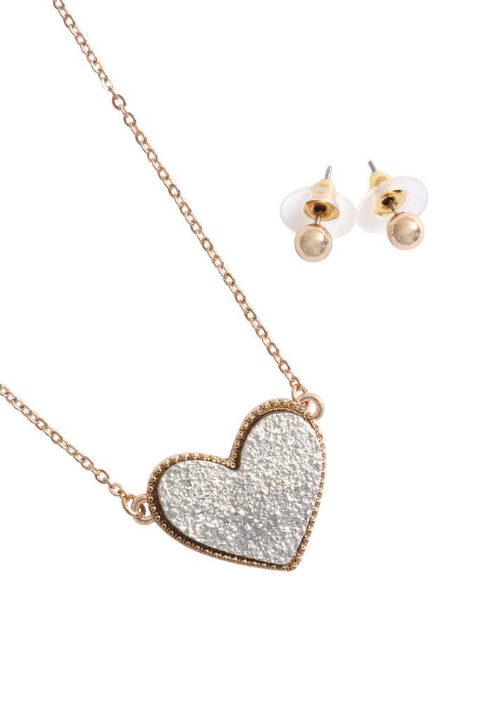 VALENTINE HEART DRUZY PENDANT NECKLACE AND EARRING SET