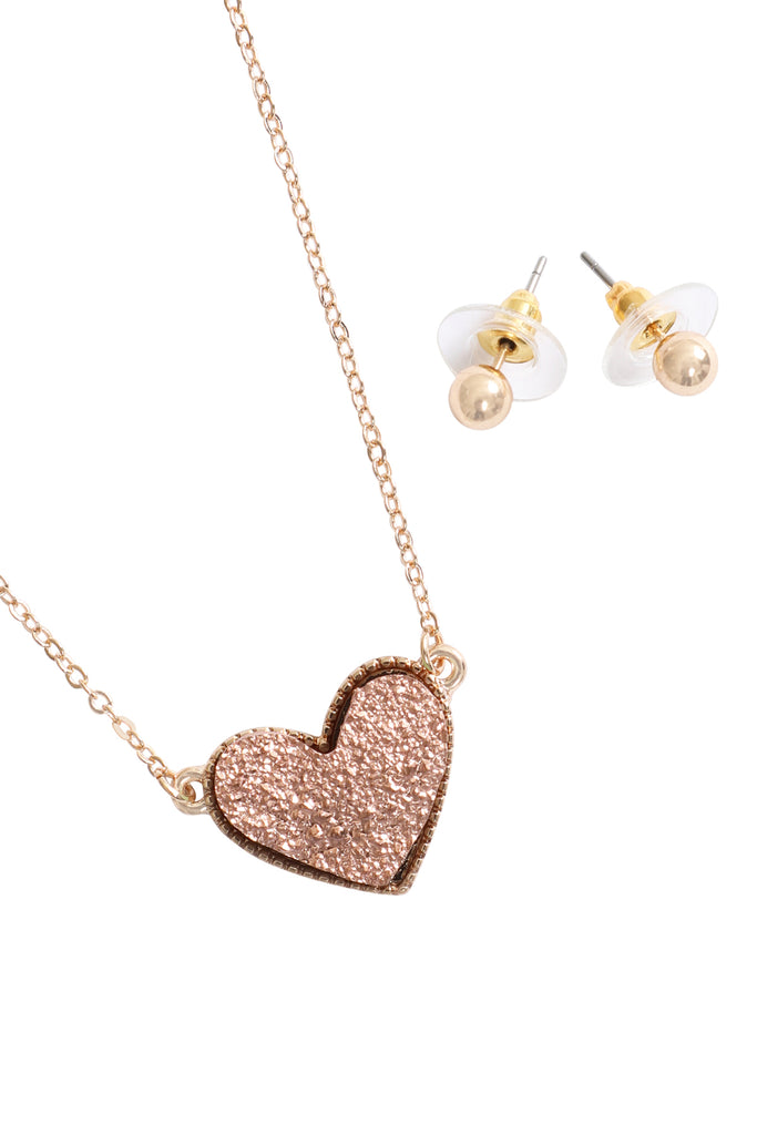 VALENTINE HEART DRUZY PENDANT NECKLACE AND EARRING SET