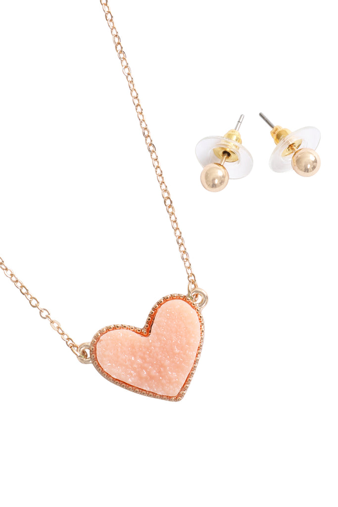 VALENTINE HEART DRUZY PENDANT NECKLACE AND EARRING SET