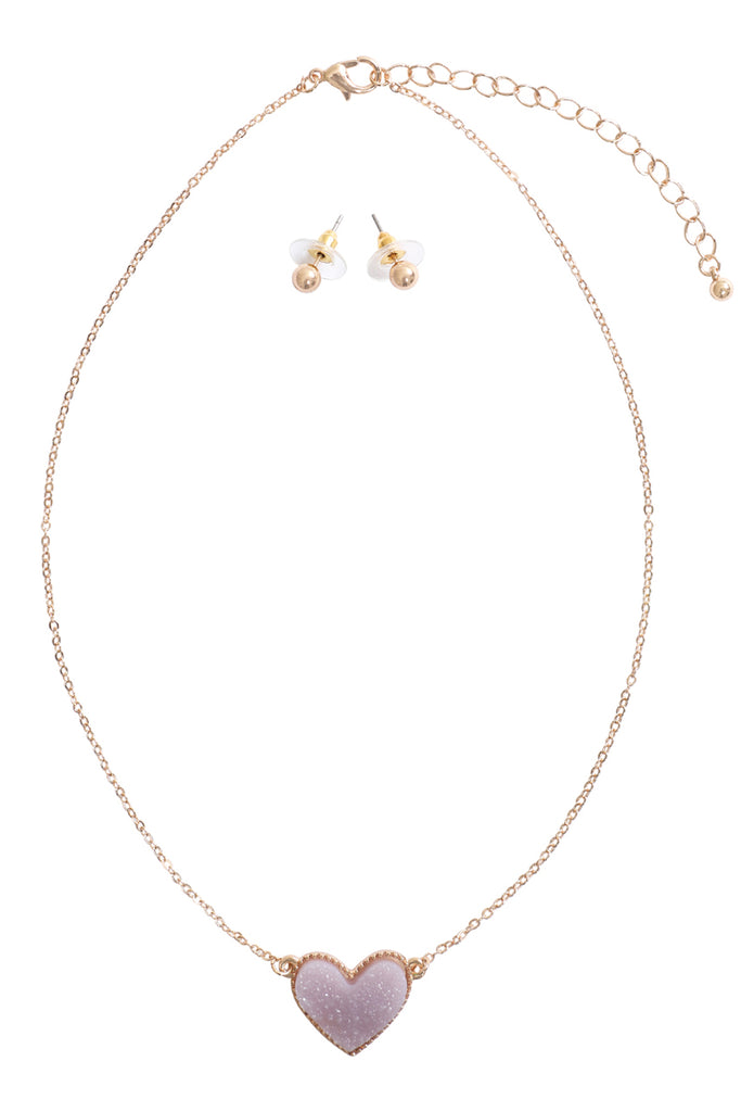 VALENTINE HEART DRUZY PENDANT NECKLACE AND EARRING SET
