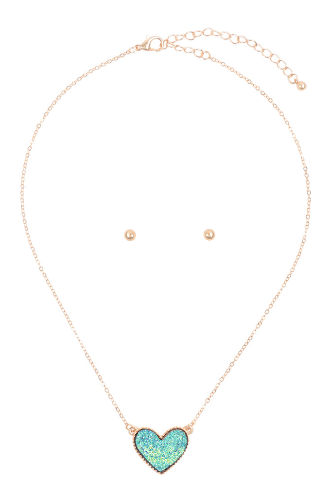 VALENTINE HEART DRUZY PENDANT NECKLACE AND EARRING SET