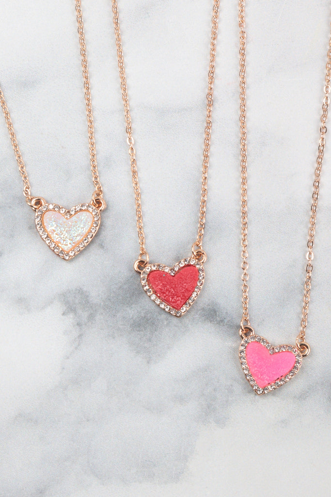 VALENTINE HEART DRUZY WITH RHINESTONE PENDANT NECKLACE AND EARRING SET