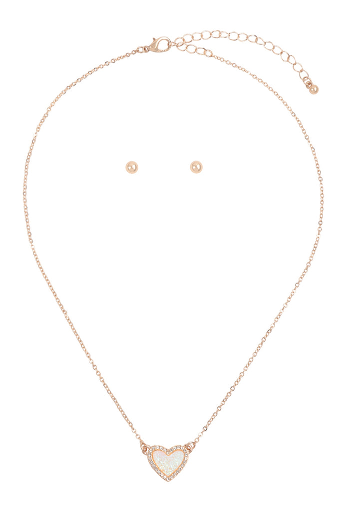 VALENTINE HEART DRUZY WITH RHINESTONE PENDANT NECKLACE AND EARRING SET