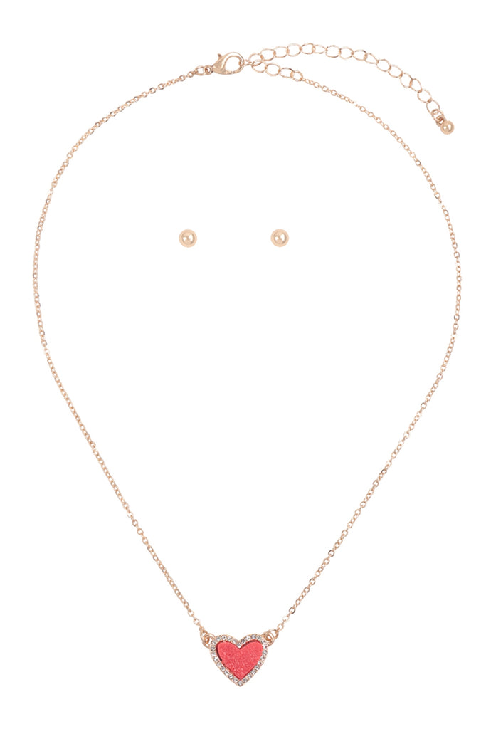 VALENTINE HEART DRUZY WITH RHINESTONE PENDANT NECKLACE AND EARRING SET