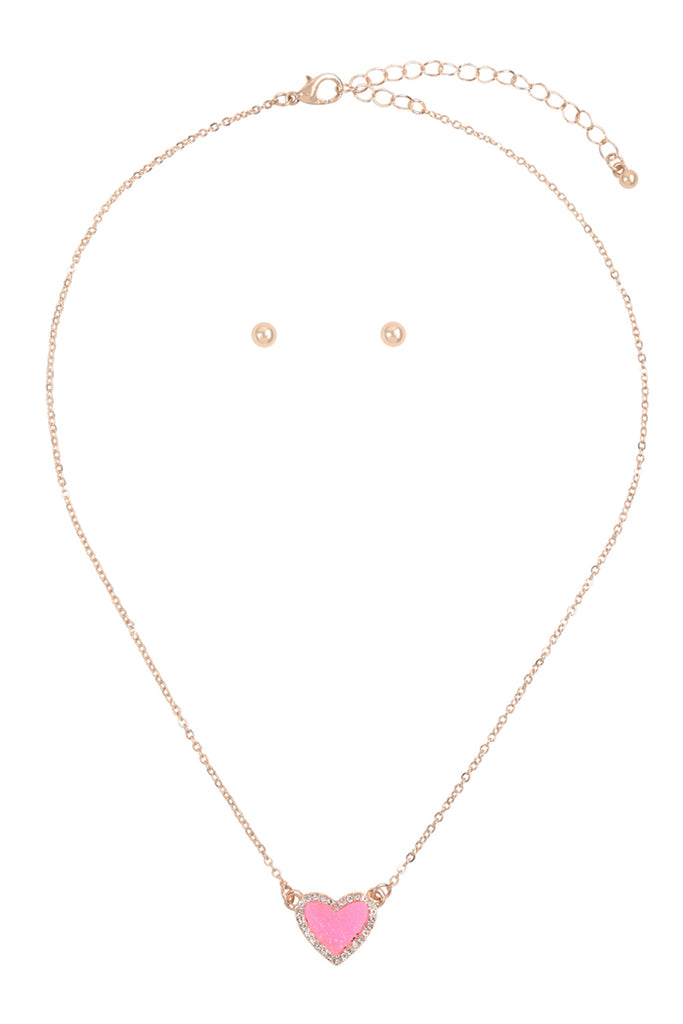 VALENTINE HEART DRUZY WITH RHINESTONE PENDANT NECKLACE AND EARRING SET
