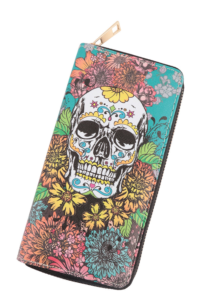 SKULL FLORAL SINGLE ZIPPER WALLET