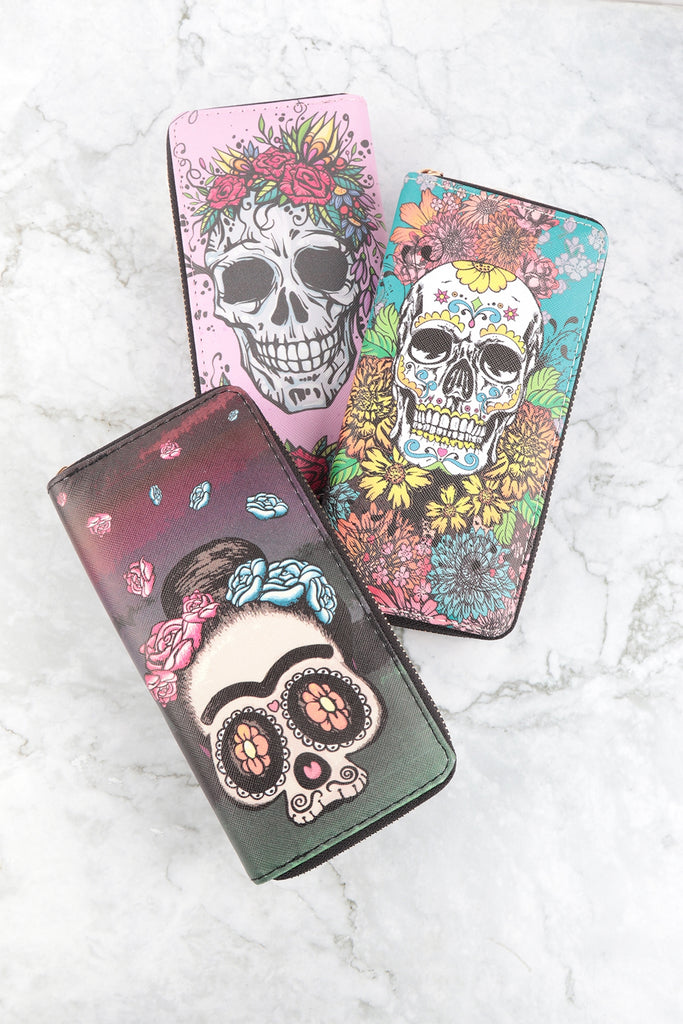 SKULL FLORAL SINGLE ZIPPER WALLET