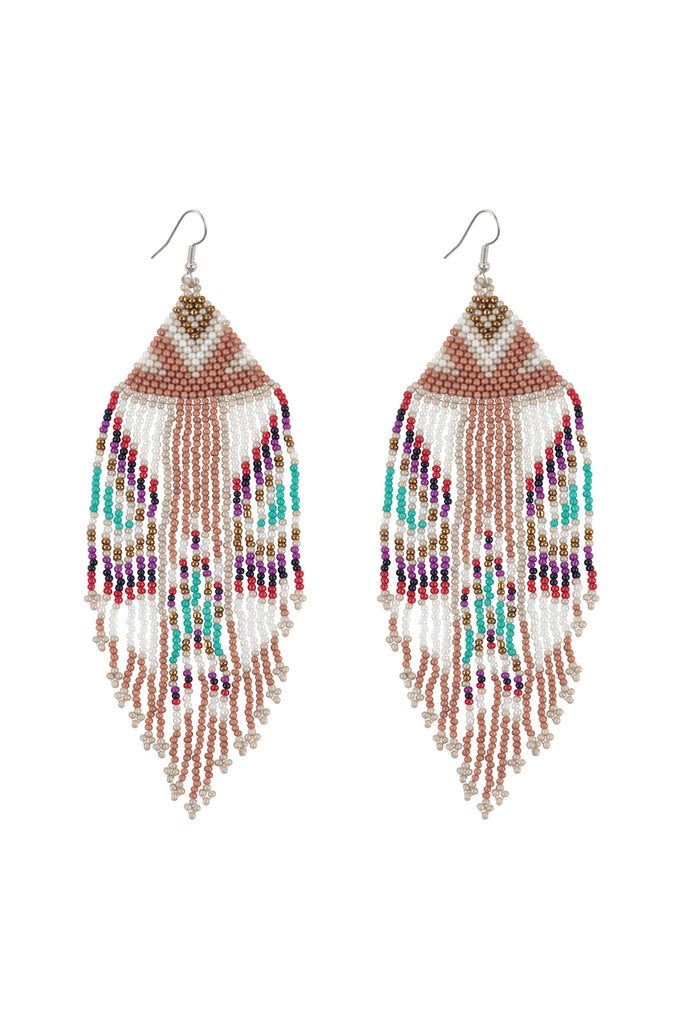 AZTEC PATTERN FRINGE BEADED FISH HOOK EARRINGS