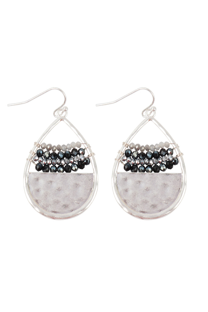 HAMMERED TEARDROP W/ RONDELLE BEADS FISH HOOK EARRINGS