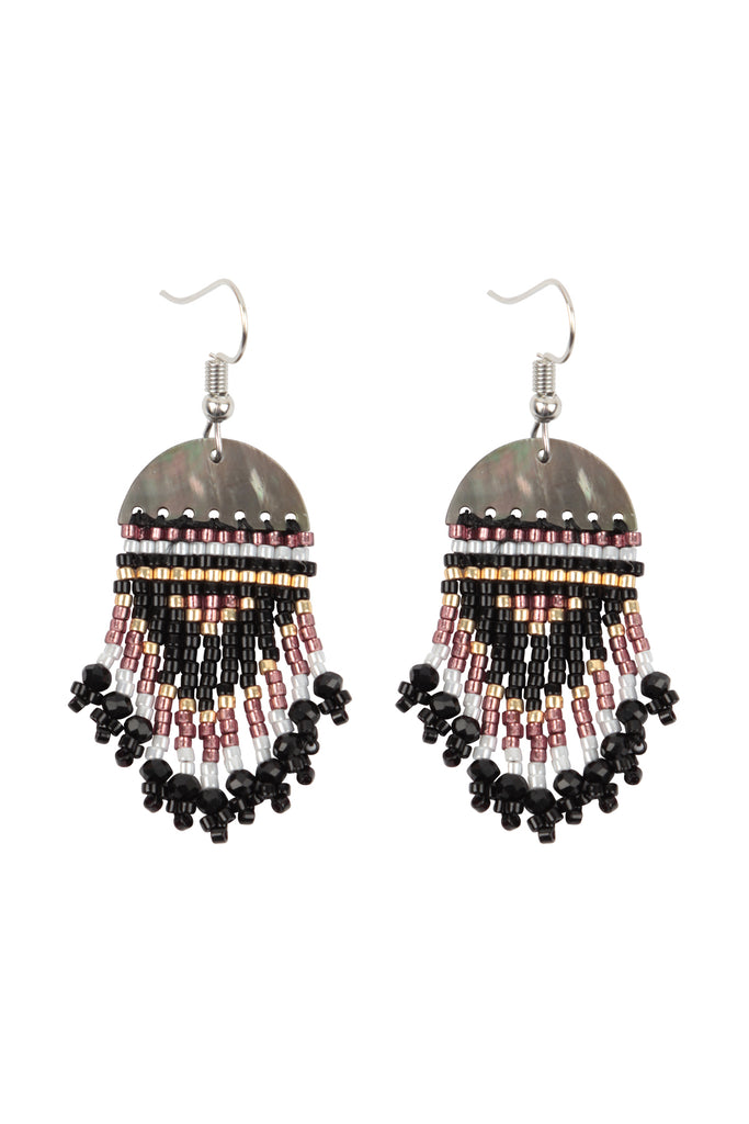GEOMETRIC SEED BEADS FRINGE DANGLE HOOK EARRINGS