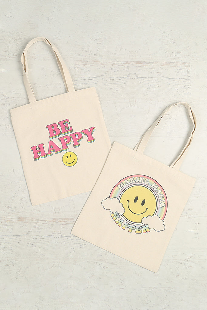 BE HAPPY MINIMALIST PRINT TOTE BAG