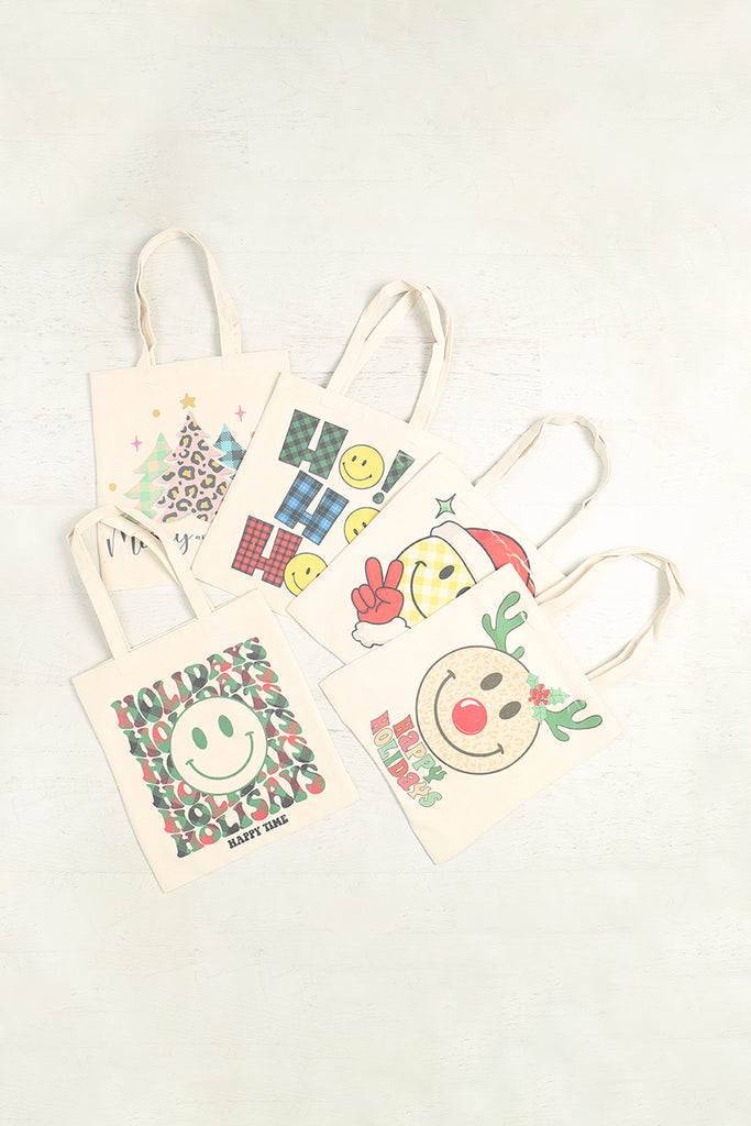 CHRISTMAS SMILEY MINIMALIST PRINT TOTE BAG