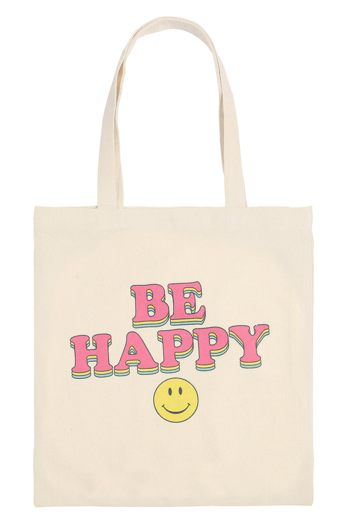 BE HAPPY MINIMALIST PRINT TOTE BAG