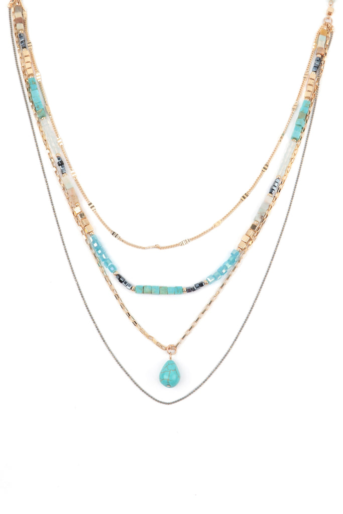 LAYERED NATURAL STONE TEARDROP PENDANT BOHO NECKLACE