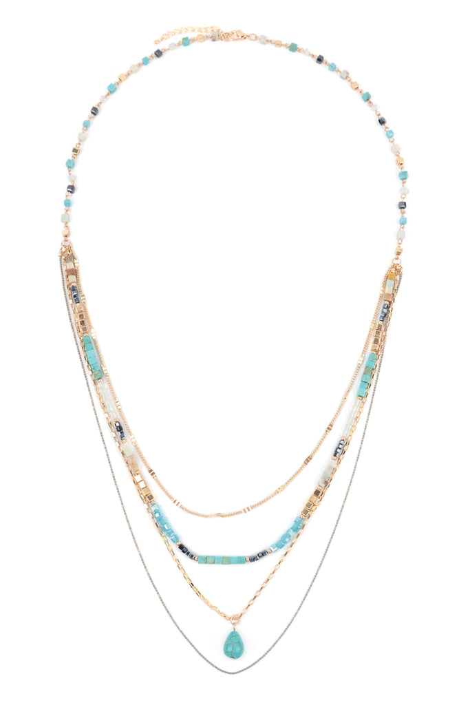 LAYERED NATURAL STONE TEARDROP PENDANT BOHO NECKLACE - Riah Fashion