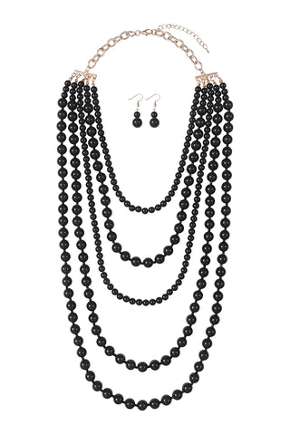 LAYERED CHAIN, NATURAL STONE CHIP MIX BEADS CRESCENT PENDANT NECKLACE