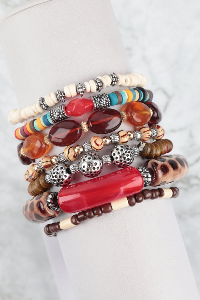 MIX BEADS WOOD, TUBULAR ACRYLIC, METAL VERSATILE CHARM BRACELET SET