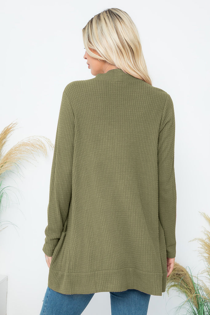 BRUSHED WAFFLE LONG SLEEVE SIDE POCKET OPEN FRONT CARDIGAN
