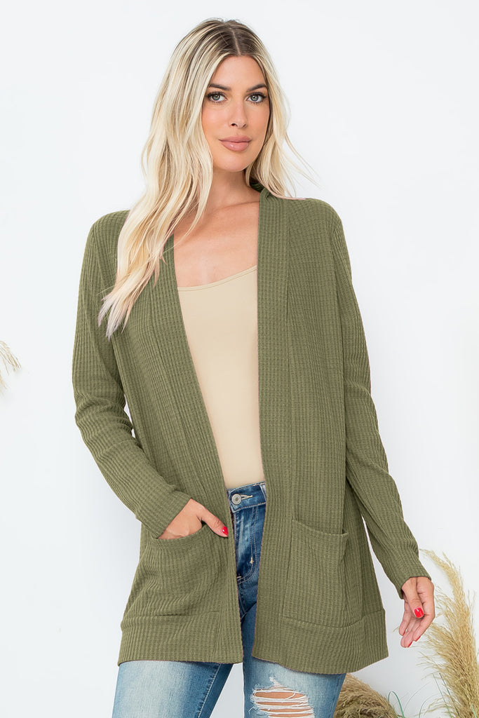 BRUSHED WAFFLE LONG SLEEVE SIDE POCKET OPEN FRONT CARDIGAN