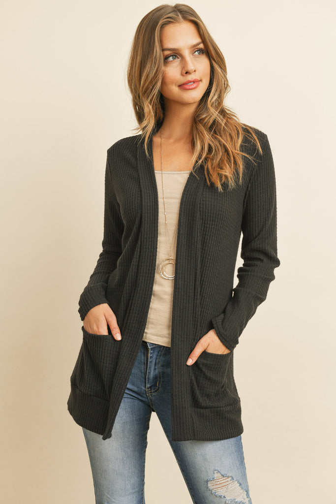 BRUSHED WAFFLE LONG SLEEVE SIDE POCKET OPEN FRONT CARDIGAN