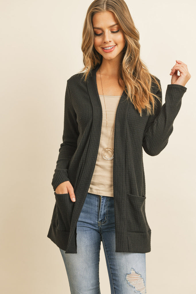 BRUSHED WAFFLE LONG SLEEVE SIDE POCKET OPEN FRONT CARDIGAN