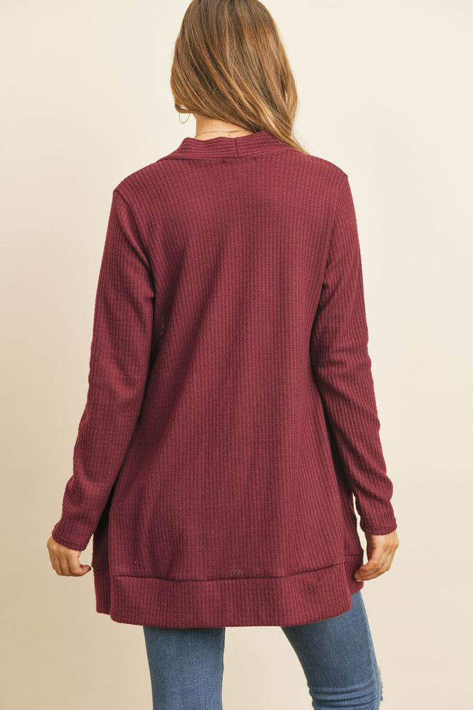 BRUSHED WAFFLE LONG SLEEVE SIDE POCKET OPEN FRONT CARDIGAN