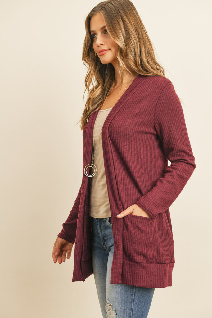 BRUSHED WAFFLE LONG SLEEVE SIDE POCKET OPEN FRONT CARDIGAN