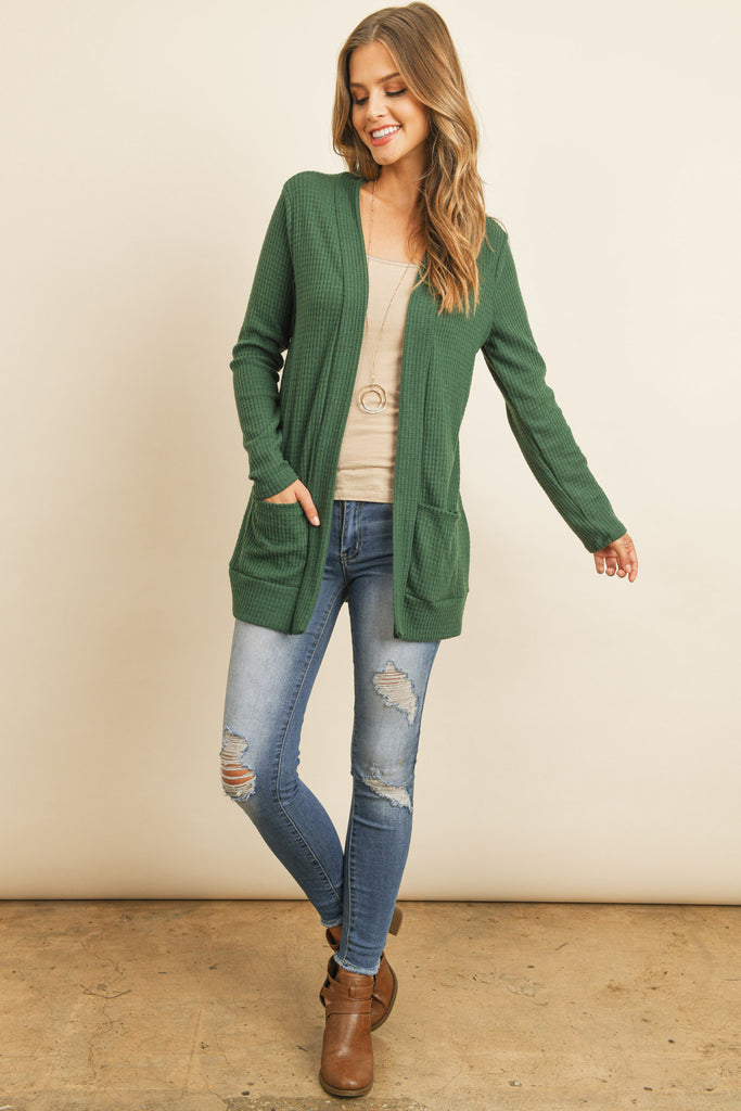 BRUSHED WAFFLE LONG SLEEVE SIDE POCKET OPEN FRONT CARDIGAN