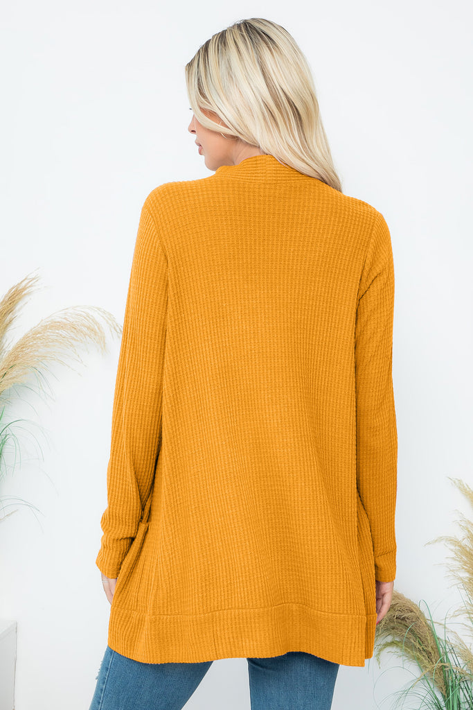 BRUSHED WAFFLE LONG SLEEVE SIDE POCKET OPEN FRONT CARDIGAN