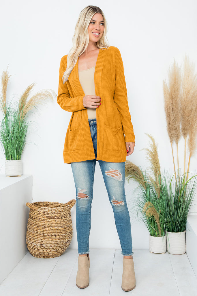 BRUSHED WAFFLE LONG SLEEVE SIDE POCKET OPEN FRONT CARDIGAN