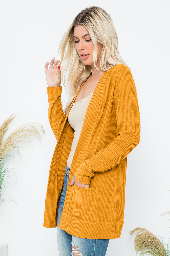 BRUSHED WAFFLE LONG SLEEVE SIDE POCKET OPEN FRONT CARDIGAN