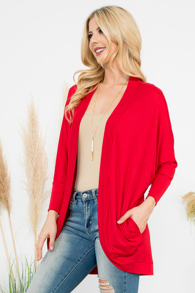 Solid Dolman Sleeve Open Cardigan with Side Pocket