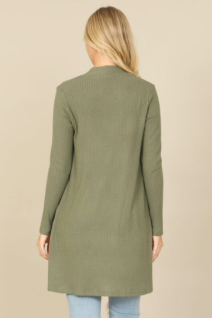 BRUSHED WAFFLE LONG SLEEVE SIDE POCKET OPEN FRONT CARDIGAN