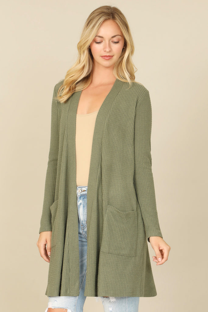 BRUSHED WAFFLE LONG SLEEVE SIDE POCKET OPEN FRONT CARDIGAN