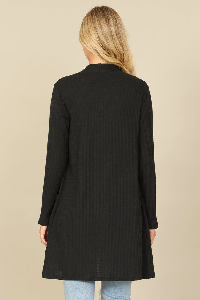 BRUSHED WAFFLE LONG SLEEVE SIDE POCKET OPEN FRONT CARDIGAN