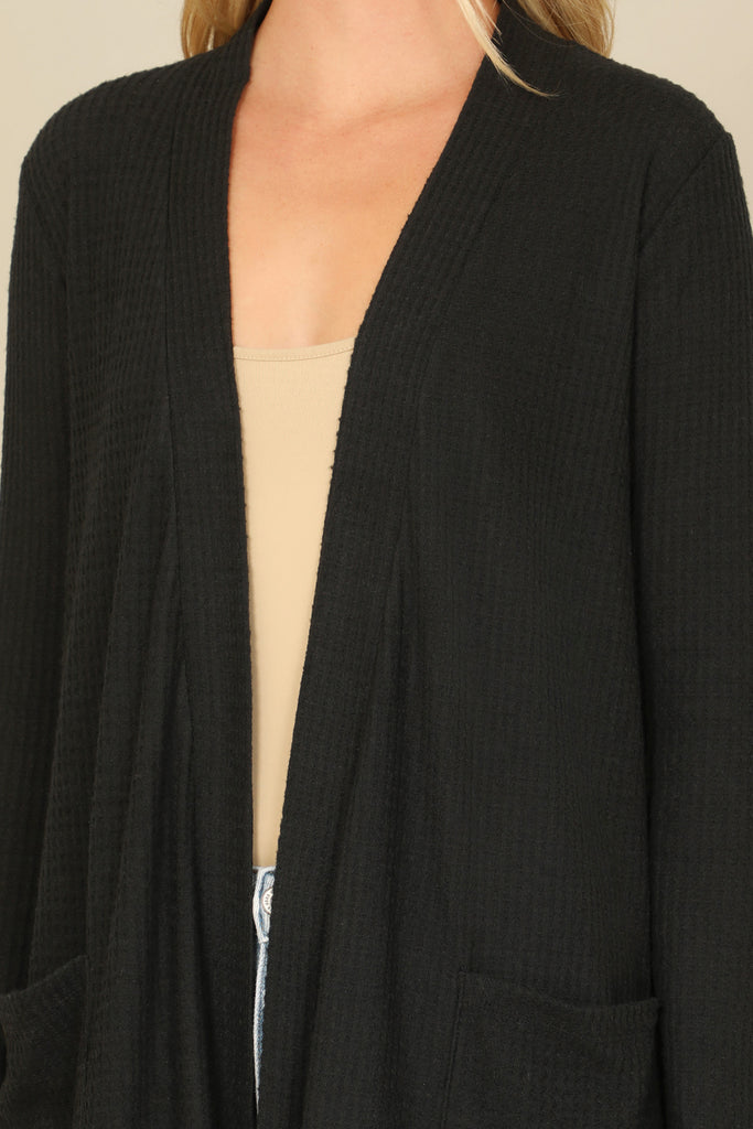 BRUSHED WAFFLE LONG SLEEVE SIDE POCKET OPEN FRONT CARDIGAN