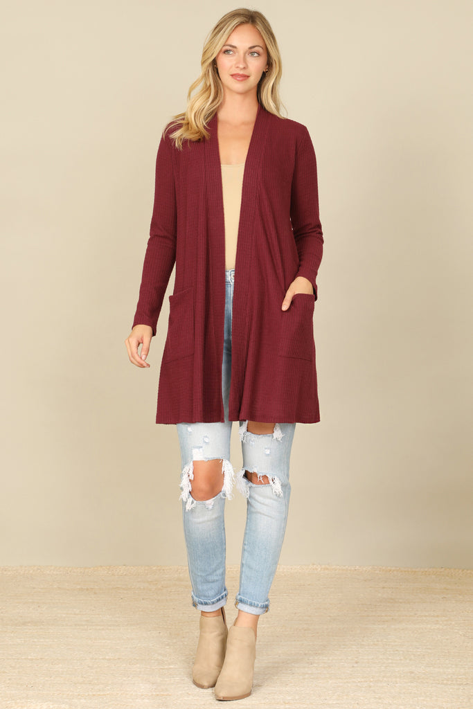 BRUSHED WAFFLE LONG SLEEVE SIDE POCKET OPEN FRONT CARDIGAN