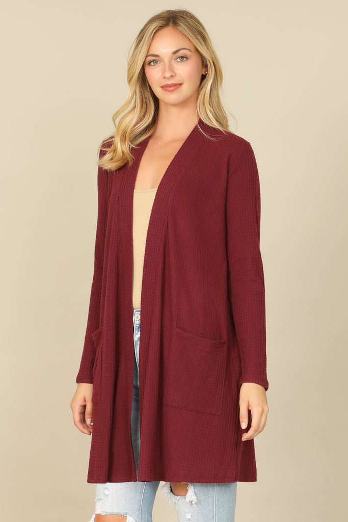 BRUSHED WAFFLE LONG SLEEVE SIDE POCKET OPEN FRONT CARDIGAN