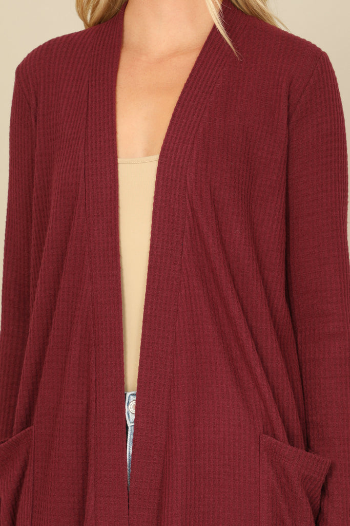 BRUSHED WAFFLE LONG SLEEVE SIDE POCKET OPEN FRONT CARDIGAN