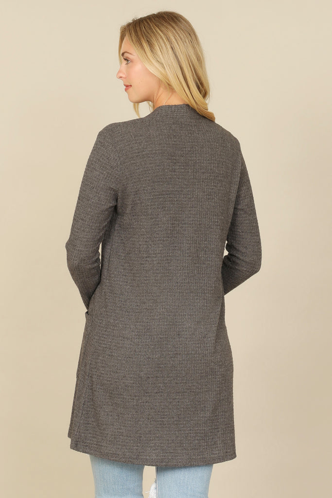 BRUSHED WAFFLE LONG SLEEVE SIDE POCKET OPEN FRONT CARDIGAN