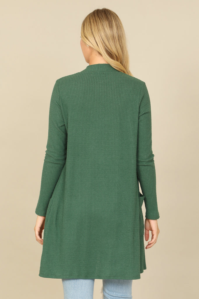 BRUSHED WAFFLE LONG SLEEVE SIDE POCKET OPEN FRONT CARDIGAN