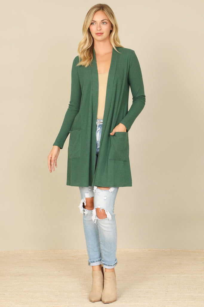 BRUSHED WAFFLE LONG SLEEVE SIDE POCKET OPEN FRONT CARDIGAN