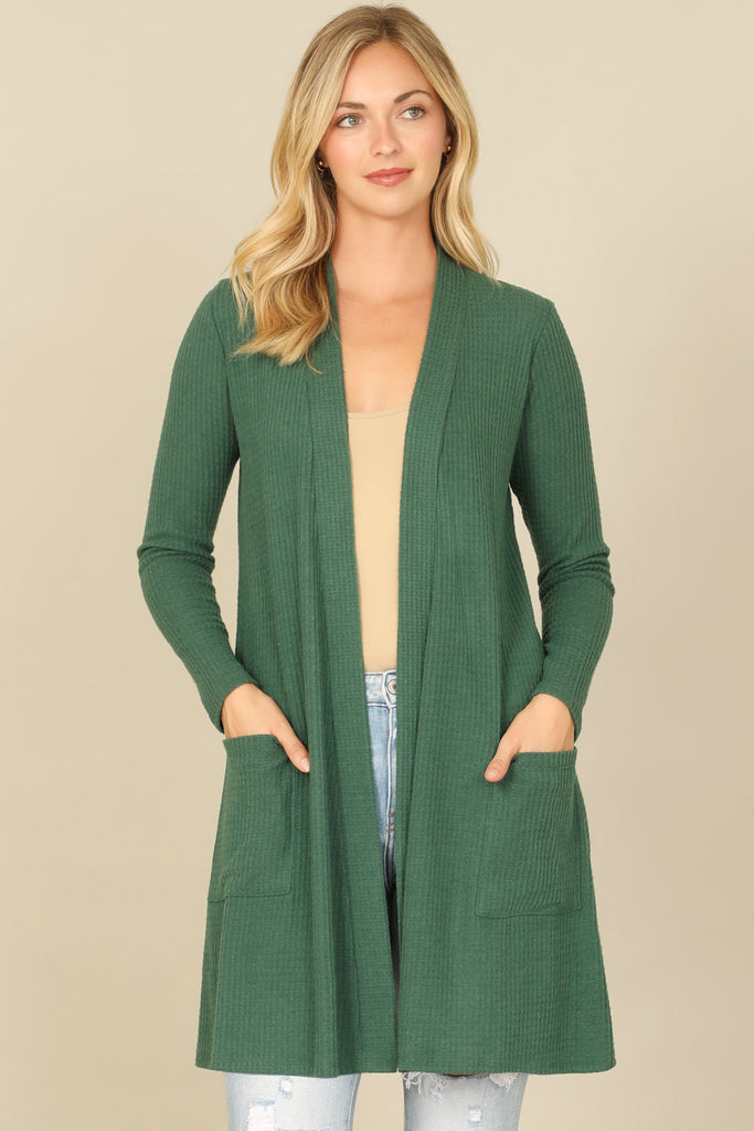 BRUSHED WAFFLE LONG SLEEVE SIDE POCKET OPEN FRONT CARDIGAN
